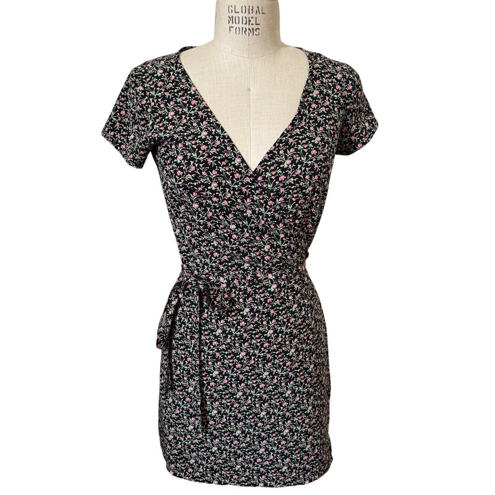 Agnes B. Short Black Floral Wrap Dress Size 1/ Small French Romantic Classic